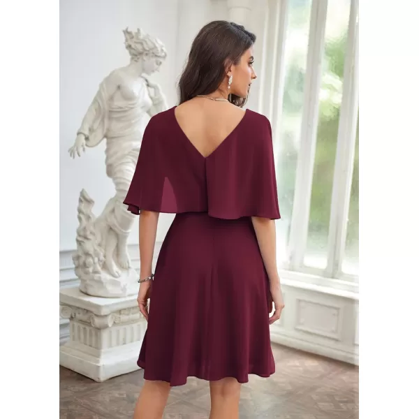 GRACE KARIN 2023 V Neck Pleated Dress Short Sleeve Chiffon Mini Dress Swing A Line Wedding Guest Short DressWine Red