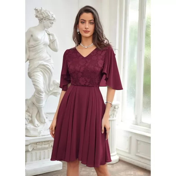 GRACE KARIN 2023 V Neck Pleated Dress Short Sleeve Chiffon Mini Dress Swing A Line Wedding Guest Short DressWine Red