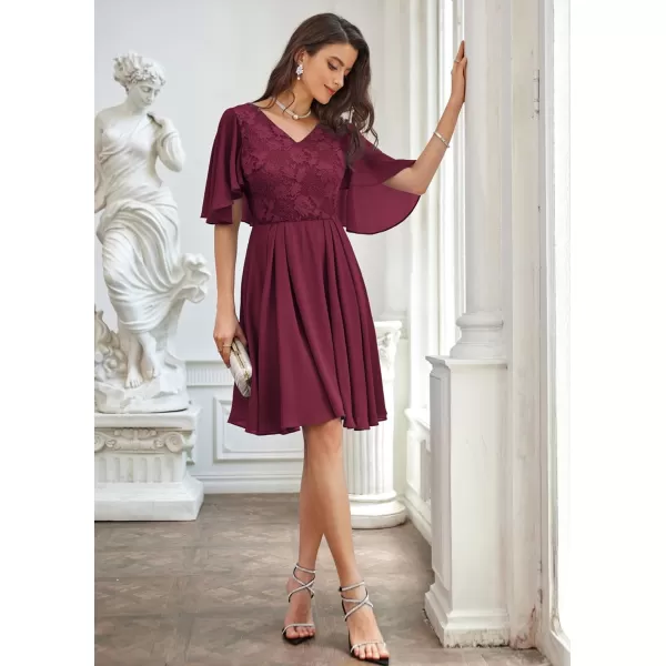 GRACE KARIN 2023 V Neck Pleated Dress Short Sleeve Chiffon Mini Dress Swing A Line Wedding Guest Short DressWine Red