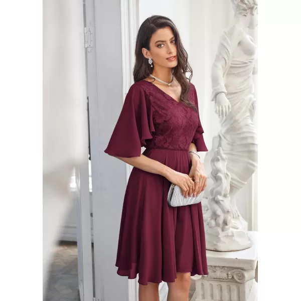 GRACE KARIN 2023 V Neck Pleated Dress Short Sleeve Chiffon Mini Dress Swing A Line Wedding Guest Short DressWine Red