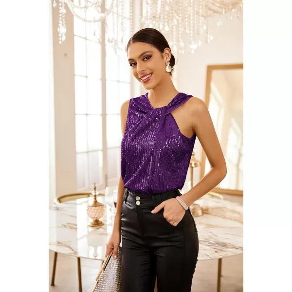 GRACE KARIN 2023 Womens Asymmetrical Twist Neck Sequin Top Slim Fit Cocktail Sparkle Tank TopsPurplesequin