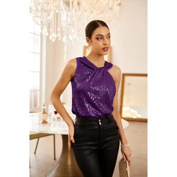 GRACE KARIN 2023 Womens Asymmetrical Twist Neck Sequin Top Slim Fit Cocktail Sparkle Tank TopsPurplesequin