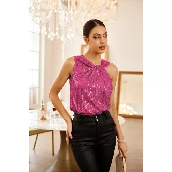 GRACE KARIN 2023 Womens Asymmetrical Twist Neck Sequin Top Slim Fit Cocktail Sparkle Tank TopsRose Redsequin