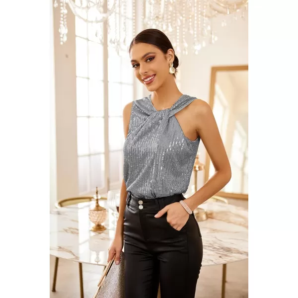 GRACE KARIN 2023 Womens Asymmetrical Twist Neck Sequin Top Slim Fit Cocktail Sparkle Tank TopsSilver Graysequin