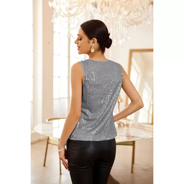 GRACE KARIN 2023 Womens Asymmetrical Twist Neck Sequin Top Slim Fit Cocktail Sparkle Tank TopsSilver Graysequin