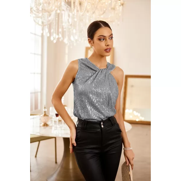 GRACE KARIN 2023 Womens Asymmetrical Twist Neck Sequin Top Slim Fit Cocktail Sparkle Tank TopsSilver Graysequin