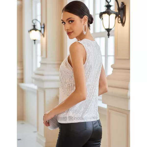 GRACE KARIN 2023 Womens Asymmetrical Twist Neck Sequin Top Slim Fit Cocktail Sparkle Tank TopsSilver Whitesequin