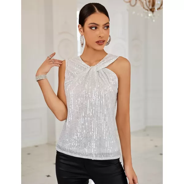 GRACE KARIN 2023 Womens Asymmetrical Twist Neck Sequin Top Slim Fit Cocktail Sparkle Tank TopsSilver Whitesequin