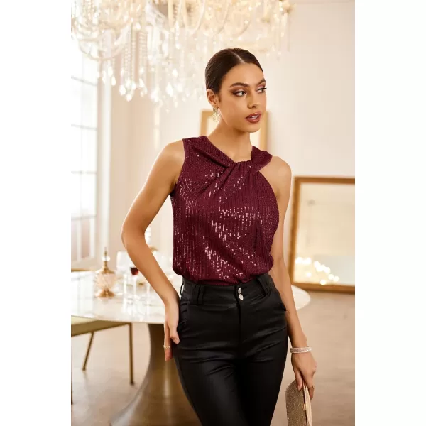 GRACE KARIN 2023 Womens Asymmetrical Twist Neck Sequin Top Slim Fit Cocktail Sparkle Tank TopsWine Redsequin