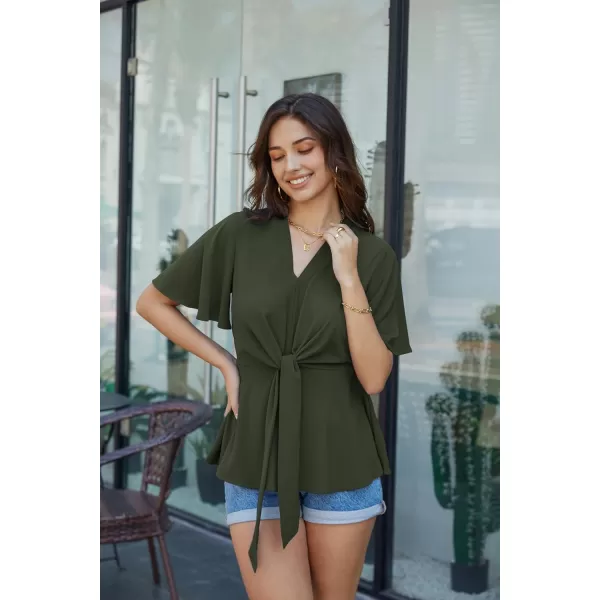 GRACE KARIN 2023 Womens Elegant Peplum Tops V Neck Tie Front Short Bell Sleeve Shirts Tops BlouseArmy Green