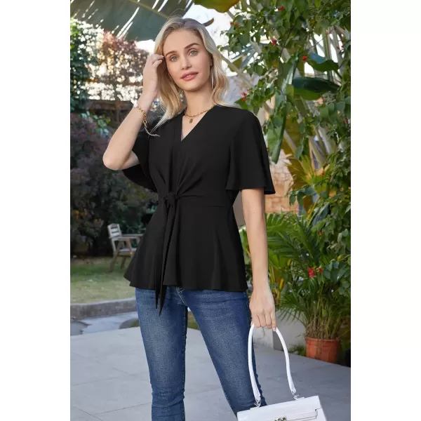 GRACE KARIN 2023 Womens Elegant Peplum Tops V Neck Tie Front Short Bell Sleeve Shirts Tops BlouseBlack