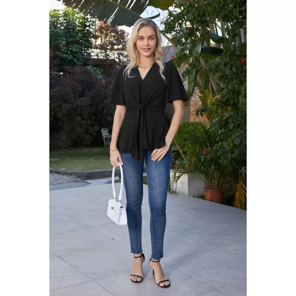 GRACE KARIN 2023 Womens Elegant Peplum Tops V Neck Tie Front Short Bell Sleeve Shirts Tops BlouseBlack