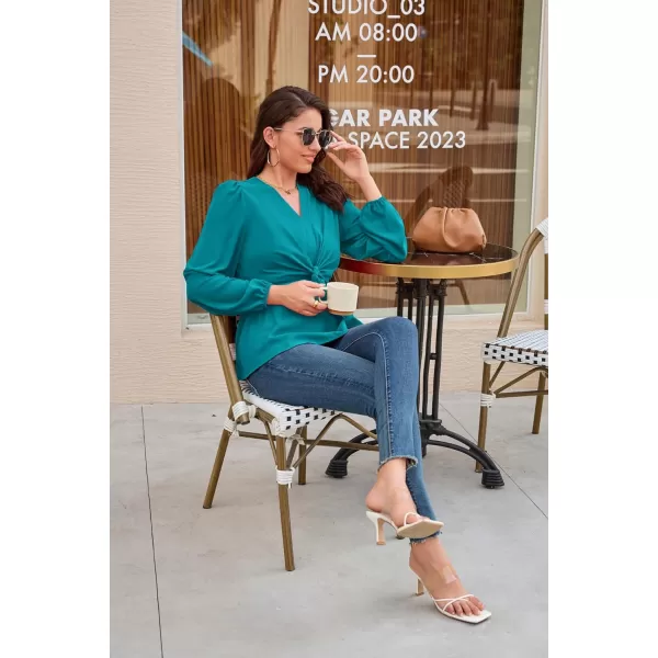 GRACE KARIN 2023 Womens Elegant Peplum Tops V Neck Tie Front Short Bell Sleeve Shirts Tops BlouseBlue Greenl43