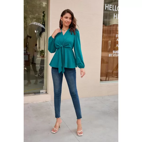 GRACE KARIN 2023 Womens Elegant Peplum Tops V Neck Tie Front Short Bell Sleeve Shirts Tops BlouseBlue Greenl43