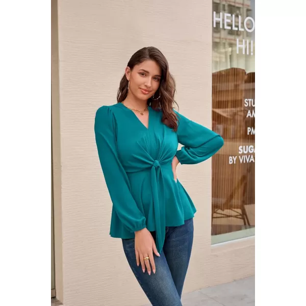 GRACE KARIN 2023 Womens Elegant Peplum Tops V Neck Tie Front Short Bell Sleeve Shirts Tops BlouseBlue Greenl43