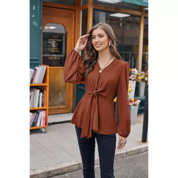 GRACE KARIN 2023 Womens Elegant Peplum Tops V Neck Tie Front Short Bell Sleeve Shirts Tops BlouseCaramell43