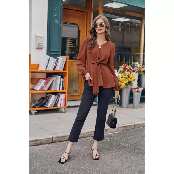 GRACE KARIN 2023 Womens Elegant Peplum Tops V Neck Tie Front Short Bell Sleeve Shirts Tops BlouseCaramell43