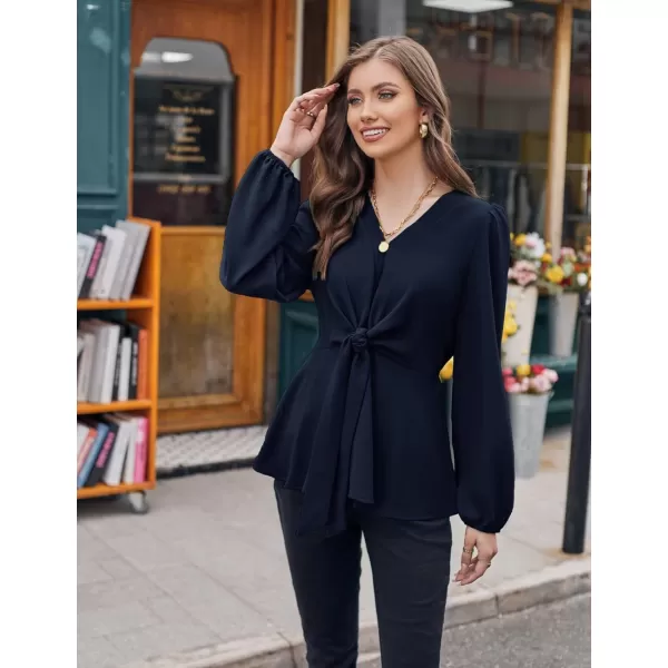 GRACE KARIN 2023 Womens Elegant Peplum Tops V Neck Tie Front Short Bell Sleeve Shirts Tops BlouseDark Bluel43