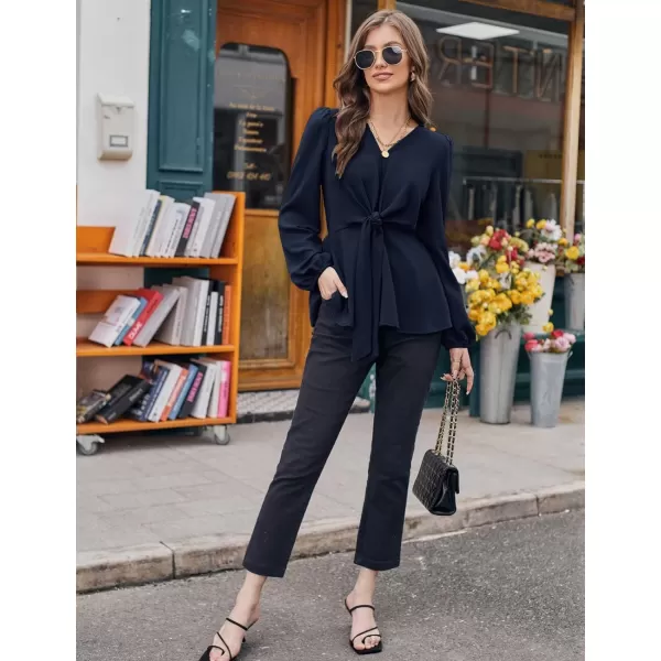 GRACE KARIN 2023 Womens Elegant Peplum Tops V Neck Tie Front Short Bell Sleeve Shirts Tops BlouseDark Bluel43