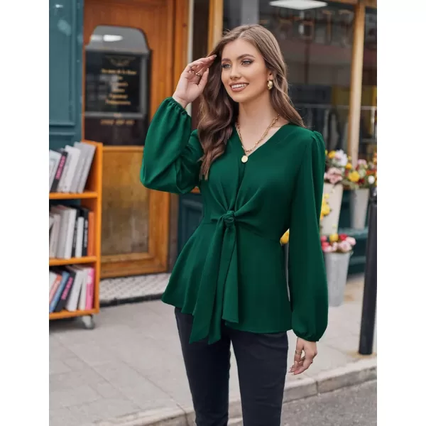 GRACE KARIN 2023 Womens Elegant Peplum Tops V Neck Tie Front Short Bell Sleeve Shirts Tops BlouseDark Greenl43