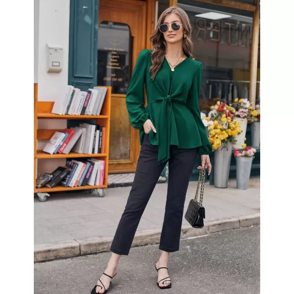 GRACE KARIN 2023 Womens Elegant Peplum Tops V Neck Tie Front Short Bell Sleeve Shirts Tops BlouseDark Greenl43