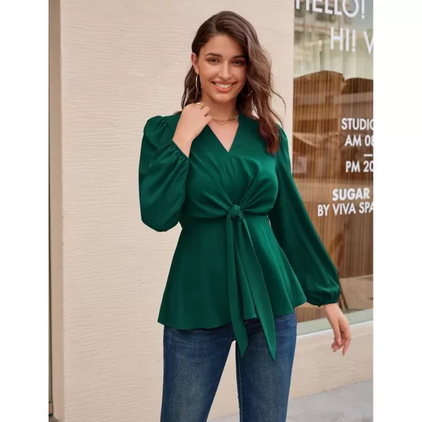 GRACE KARIN 2023 Womens Elegant Peplum Tops V Neck Tie Front Short Bell Sleeve Shirts Tops BlouseDark Greenl43