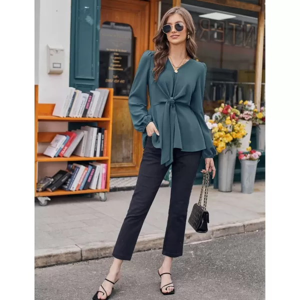 GRACE KARIN 2023 Womens Elegant Peplum Tops V Neck Tie Front Short Bell Sleeve Shirts Tops BlouseGray Bluel43