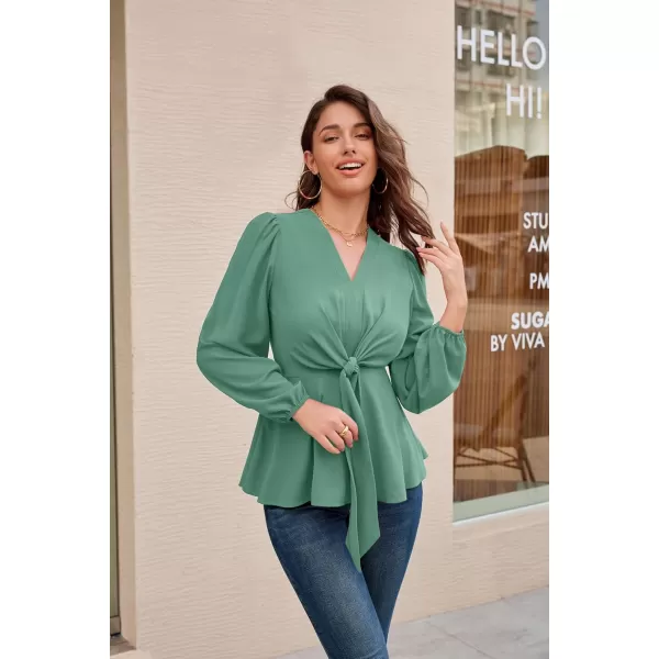 GRACE KARIN 2023 Womens Elegant Peplum Tops V Neck Tie Front Short Bell Sleeve Shirts Tops BlouseGray Greenl43