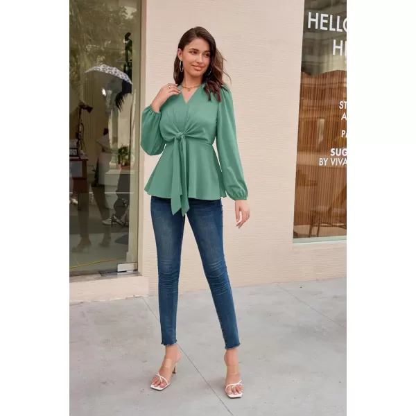 GRACE KARIN 2023 Womens Elegant Peplum Tops V Neck Tie Front Short Bell Sleeve Shirts Tops BlouseGray Greenl43