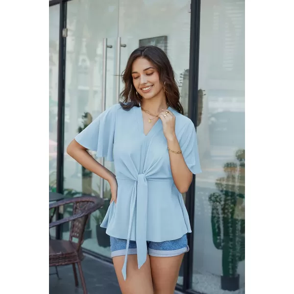 GRACE KARIN 2023 Womens Elegant Peplum Tops V Neck Tie Front Short Bell Sleeve Shirts Tops BlouseLight Blue