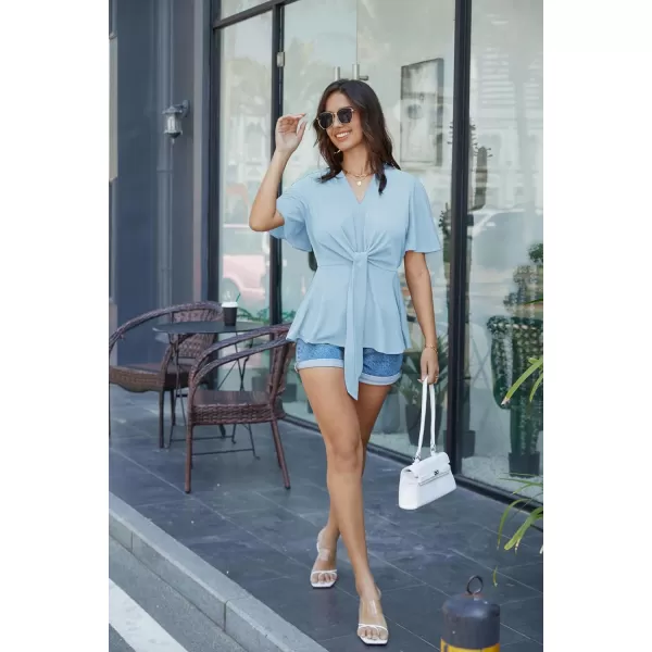 GRACE KARIN 2023 Womens Elegant Peplum Tops V Neck Tie Front Short Bell Sleeve Shirts Tops BlouseLight Blue