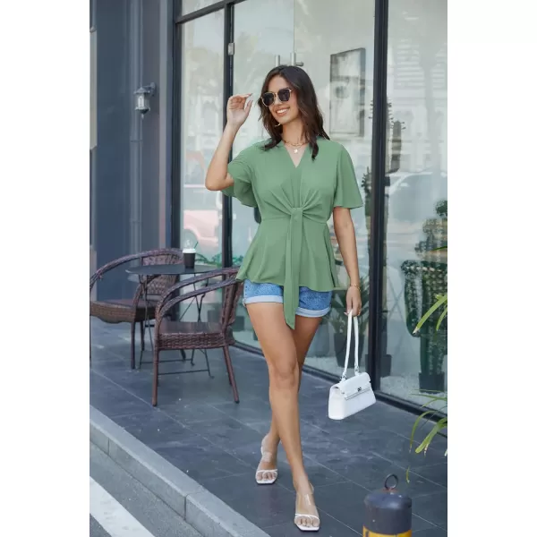 GRACE KARIN 2023 Womens Elegant Peplum Tops V Neck Tie Front Short Bell Sleeve Shirts Tops BlouseLight Green