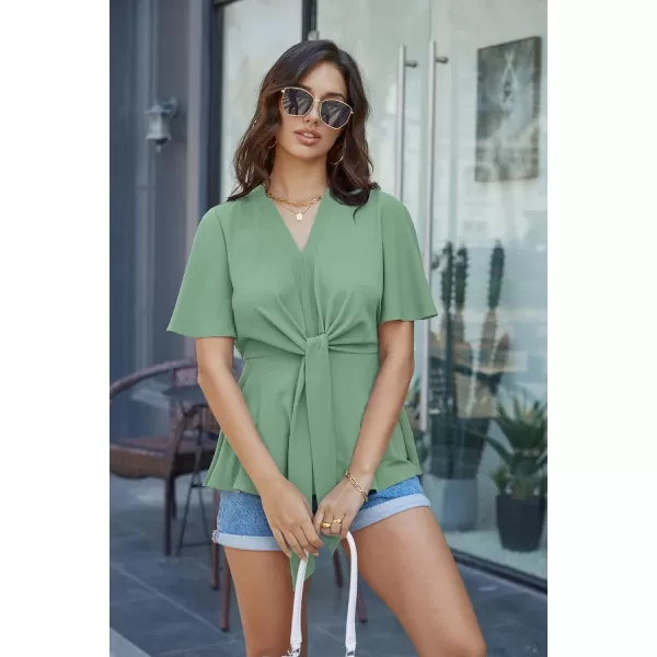 GRACE KARIN 2023 Womens Elegant Peplum Tops V Neck Tie Front Short Bell Sleeve Shirts Tops BlouseLight Green