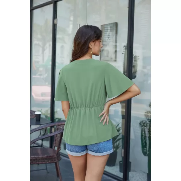 GRACE KARIN 2023 Womens Elegant Peplum Tops V Neck Tie Front Short Bell Sleeve Shirts Tops BlouseLight Green