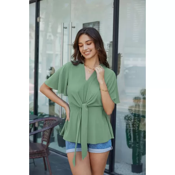 GRACE KARIN 2023 Womens Elegant Peplum Tops V Neck Tie Front Short Bell Sleeve Shirts Tops BlouseLight Green