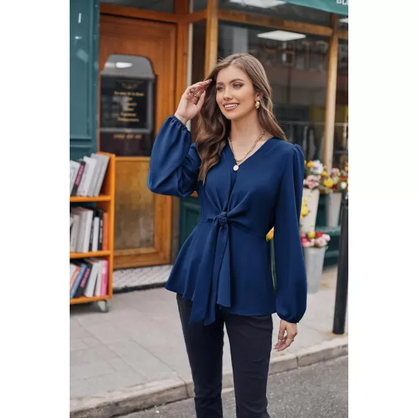 GRACE KARIN 2023 Womens Elegant Peplum Tops V Neck Tie Front Short Bell Sleeve Shirts Tops BlouseNavy Bluel43