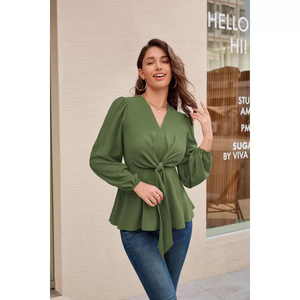 GRACE KARIN 2023 Womens Elegant Peplum Tops V Neck Tie Front Short Bell Sleeve Shirts Tops BlouseOlive Greenl43