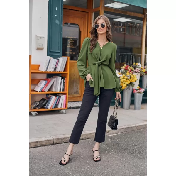 GRACE KARIN 2023 Womens Elegant Peplum Tops V Neck Tie Front Short Bell Sleeve Shirts Tops BlouseOlive Greenl43