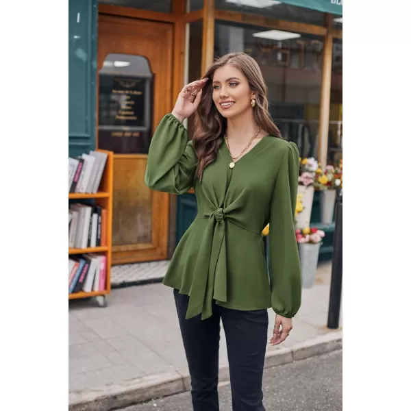 GRACE KARIN 2023 Womens Elegant Peplum Tops V Neck Tie Front Short Bell Sleeve Shirts Tops BlouseOlive Greenl43