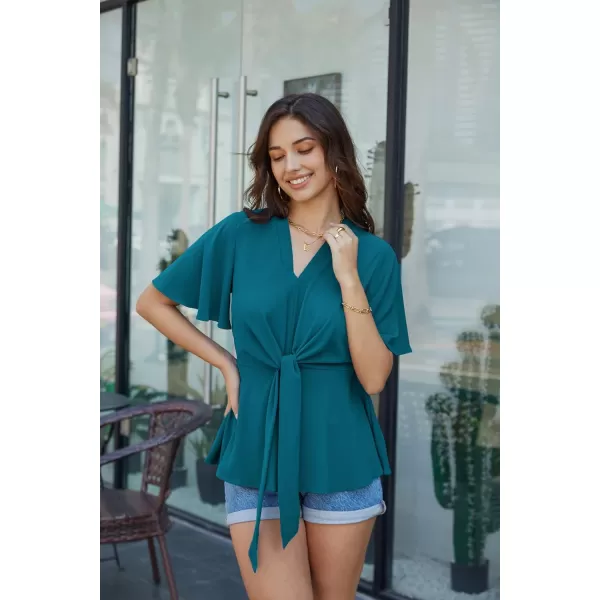 GRACE KARIN 2023 Womens Elegant Peplum Tops V Neck Tie Front Short Bell Sleeve Shirts Tops BlousePeacock Blue