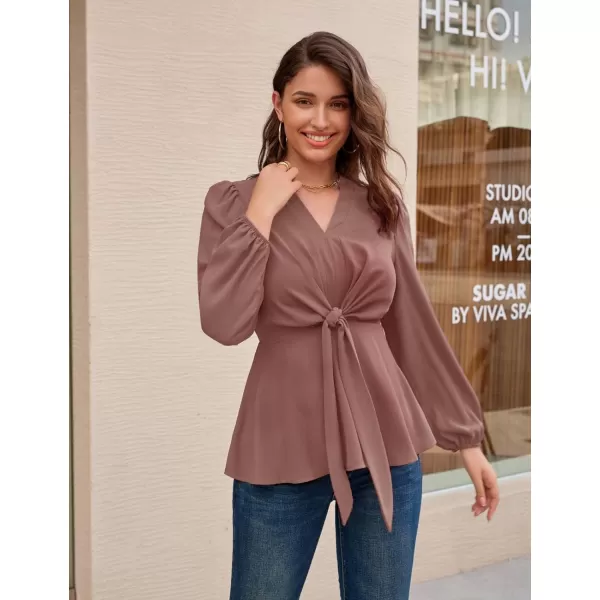 GRACE KARIN 2023 Womens Elegant Peplum Tops V Neck Tie Front Short Bell Sleeve Shirts Tops BlousePinkl43