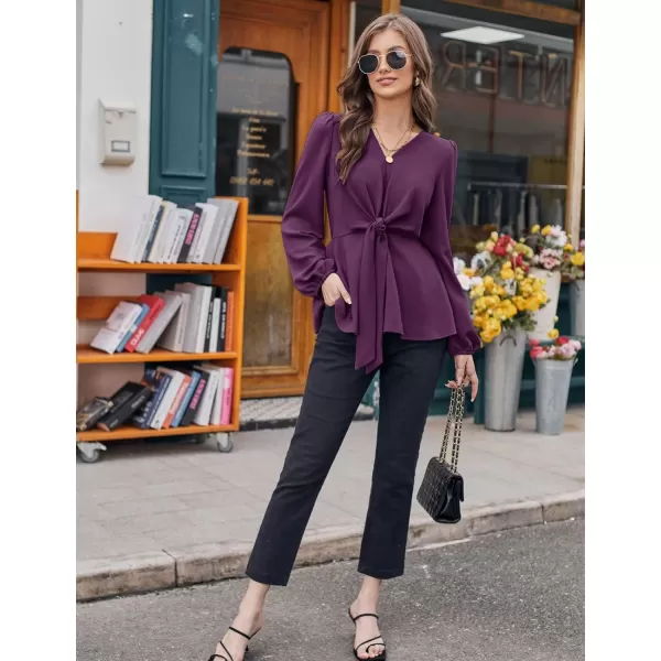 GRACE KARIN 2023 Womens Elegant Peplum Tops V Neck Tie Front Short Bell Sleeve Shirts Tops BlousePurplel43