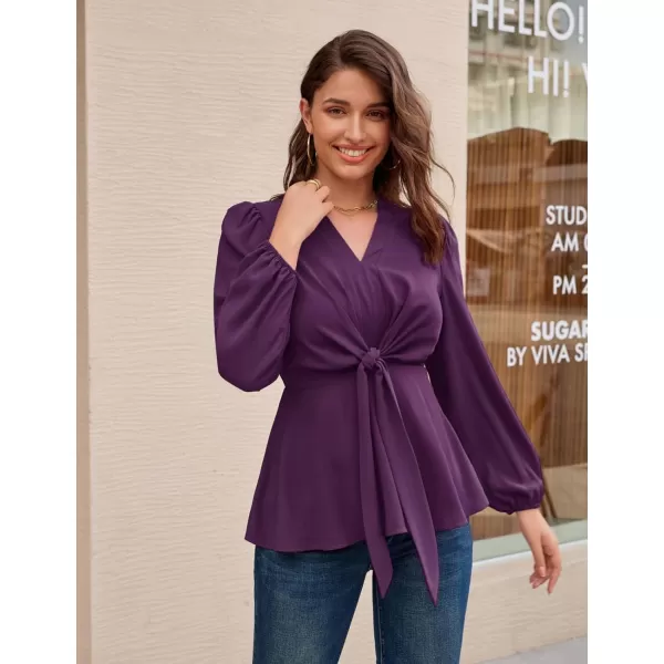 GRACE KARIN 2023 Womens Elegant Peplum Tops V Neck Tie Front Short Bell Sleeve Shirts Tops BlousePurplel43