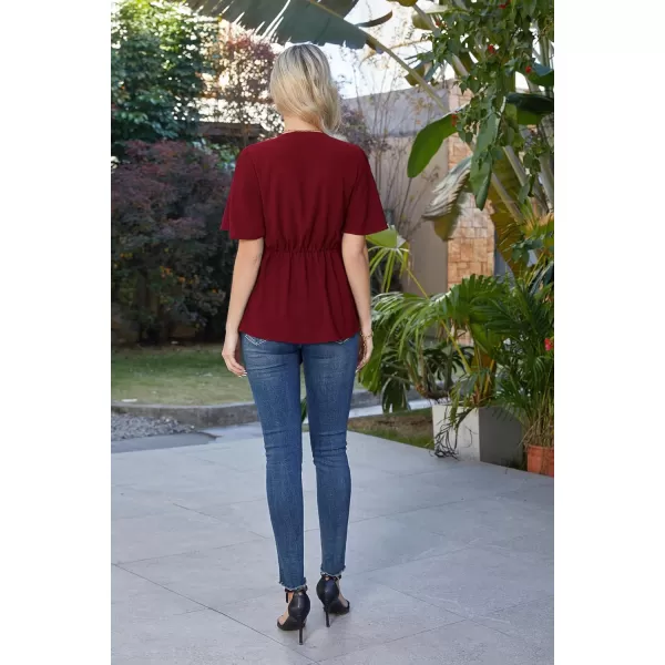 GRACE KARIN 2023 Womens Elegant Peplum Tops V Neck Tie Front Short Bell Sleeve Shirts Tops BlouseWine Red