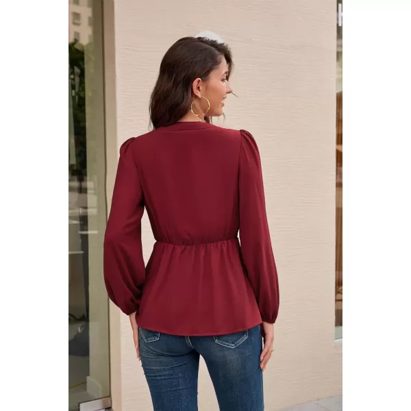 GRACE KARIN 2023 Womens Elegant Peplum Tops V Neck Tie Front Short Bell Sleeve Shirts Tops BlouseWine Redl43