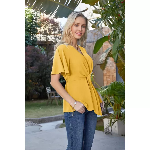 GRACE KARIN 2023 Womens Elegant Peplum Tops V Neck Tie Front Short Bell Sleeve Shirts Tops BlouseYellow