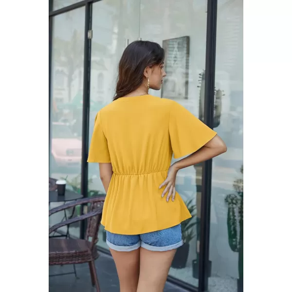 GRACE KARIN 2023 Womens Elegant Peplum Tops V Neck Tie Front Short Bell Sleeve Shirts Tops BlouseYellow