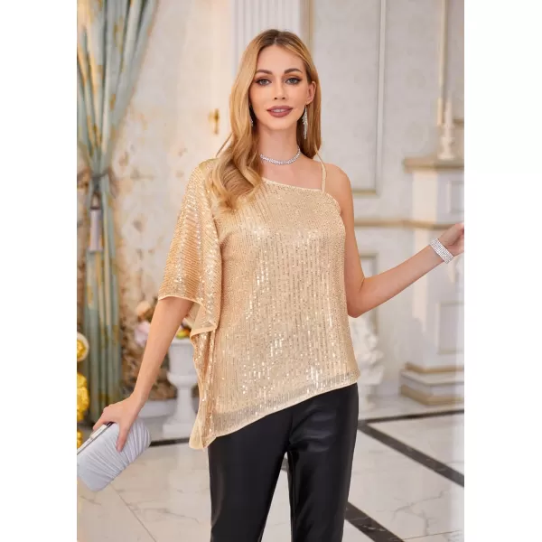 GRACE KARIN 2023 Womens Elegant Sequin Tops One Shoulder Batwing Short Sleeve Sparkly Blouse ShirtChampagne