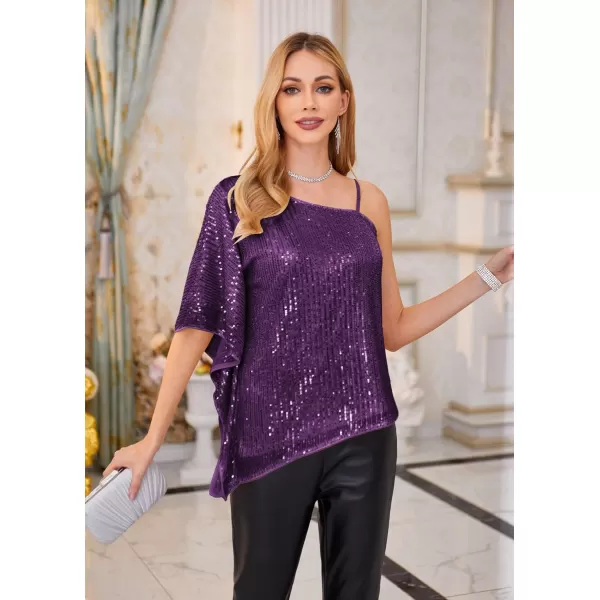 GRACE KARIN 2023 Womens Elegant Sequin Tops One Shoulder Batwing Short Sleeve Sparkly Blouse ShirtPurple