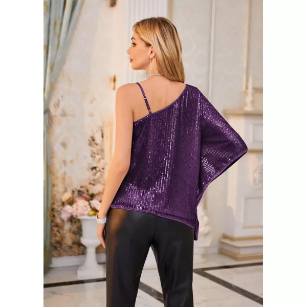 GRACE KARIN 2023 Womens Elegant Sequin Tops One Shoulder Batwing Short Sleeve Sparkly Blouse ShirtPurple